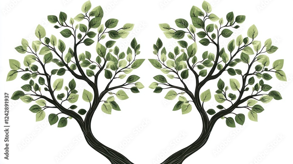 Two stylized trees, heart-shaped base, white background, nature design, wall art Two stylized trees, heart-shaped base, white background, nature design, wall art