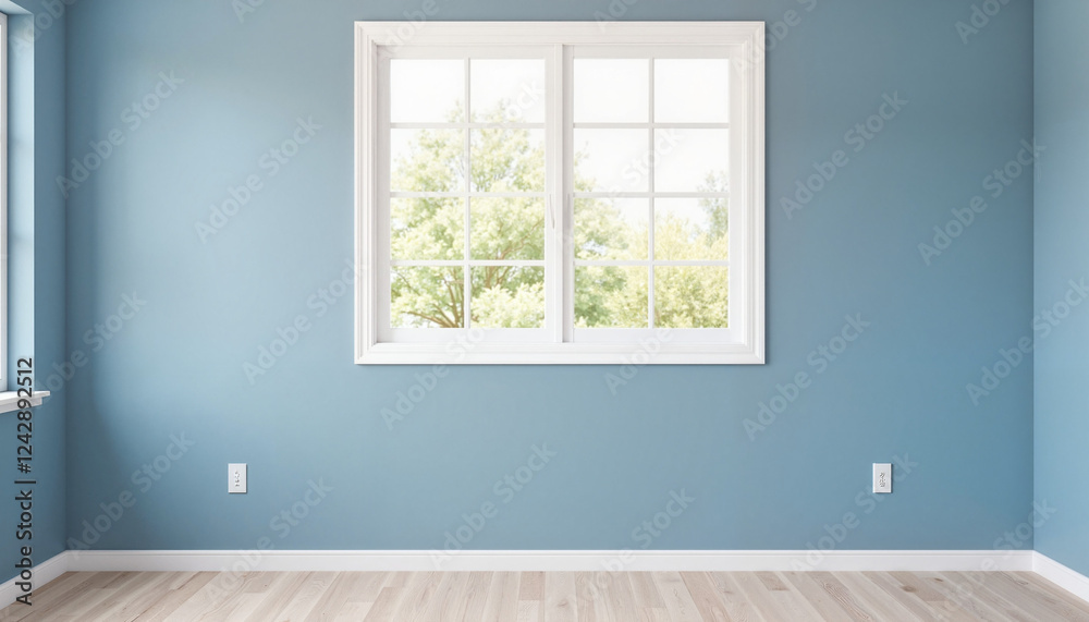 Fototapeta premium Bright blue room with large window, inviting serenity and calmness