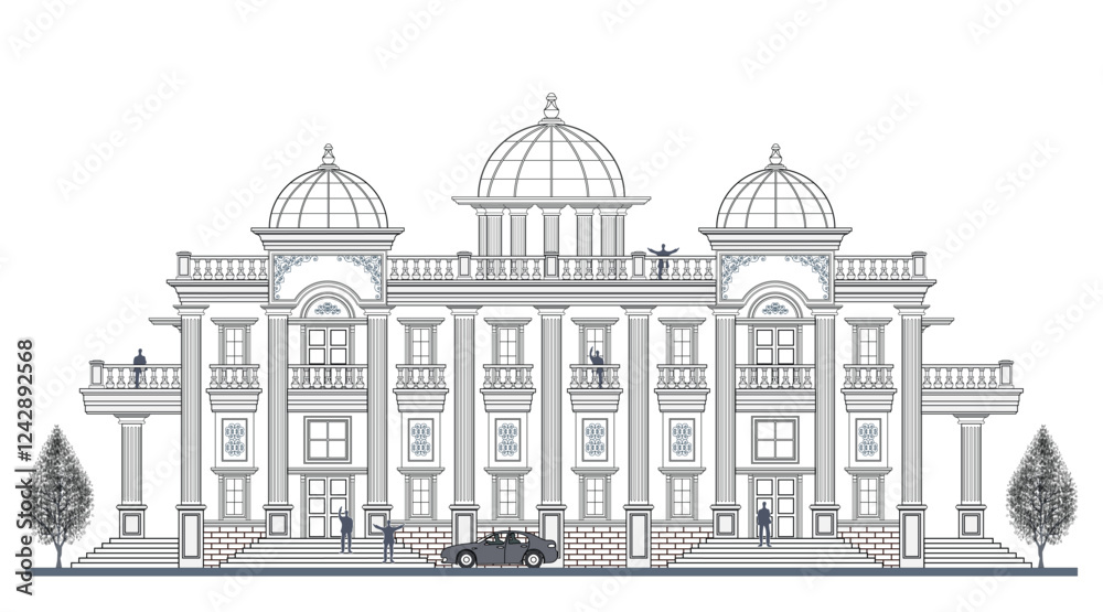 Obraz premium Facade of 2 storeys symmetrical modern classic building with 4 doors, 12 windows, 11 columns, 3 domes, balustrade, frames, decoration, stairs, crowns, canopy and its elements design.