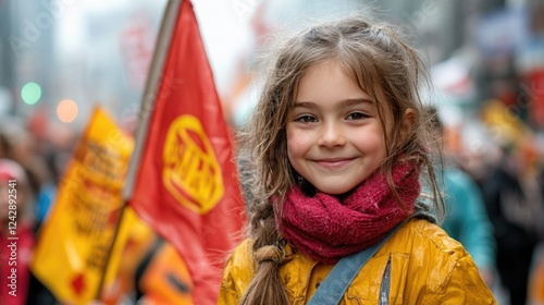 Children marching alongside workers during a May Day parade, carrying small flags and banners in support of workers' rights