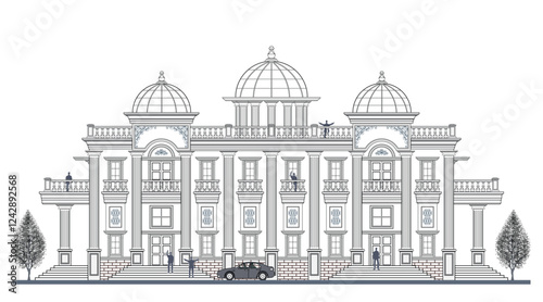 Facade of 2 storeys symmetrical modern classic building with 4 doors, 12 windows, 11 columns, 3 domes, balustrade, frames, decoration, stairs, crowns, canopy  and its elements design.