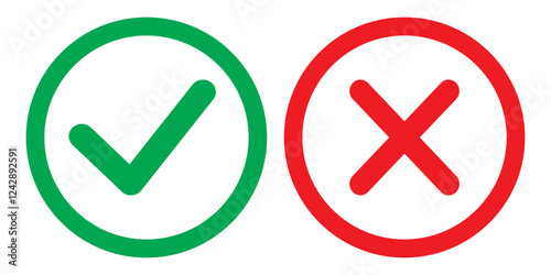 Check mark icon button set. Check box icon with right and wrong buttons and yes or no checkmark icons in green tick box and red cross. Isolated checkmark symbol, right and wrong sign concept.