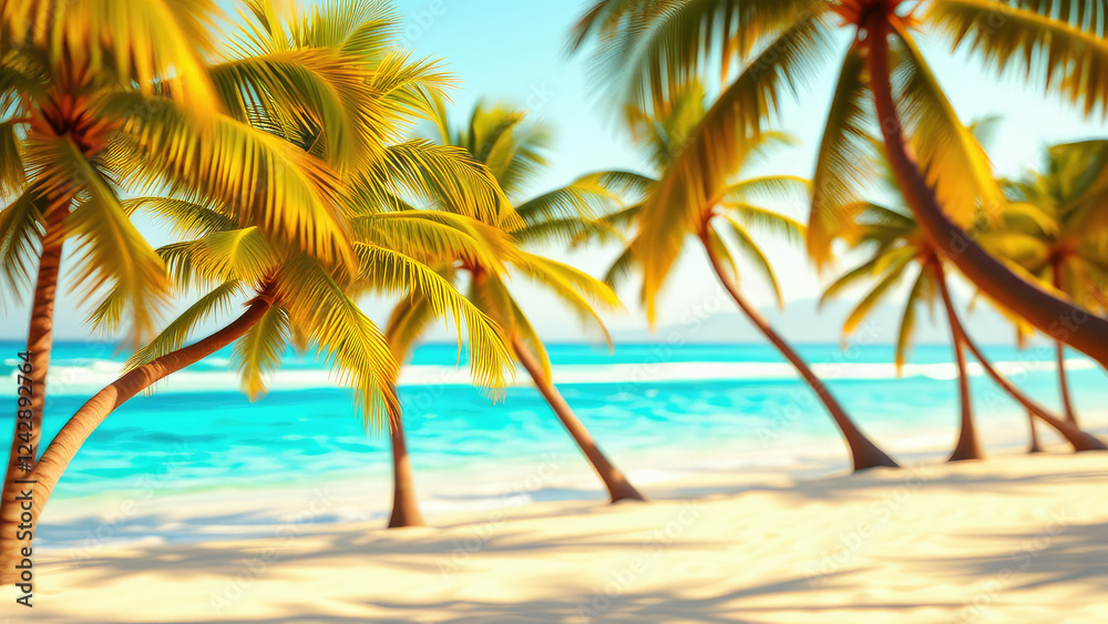 Warm sandy beach with swaying palm trees and turquoise water in the background, summer, warm sand, beach Warm sandy beach with swaying palm trees and turquoise water in the background, summer, warm sand, beach