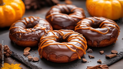 A Thanksgiving chocolate doughnut set, infused with pumpkin spice and drizzled with warm caramel sauce photo