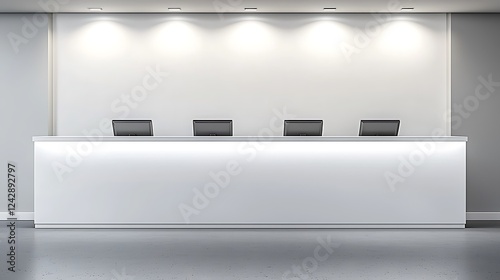 Modern cashier counter, minimalist design with clean white surfaces, sharp focus against a solid light gray background, soft diffused lighting emphasizing sleek details, the mood is professional and photo