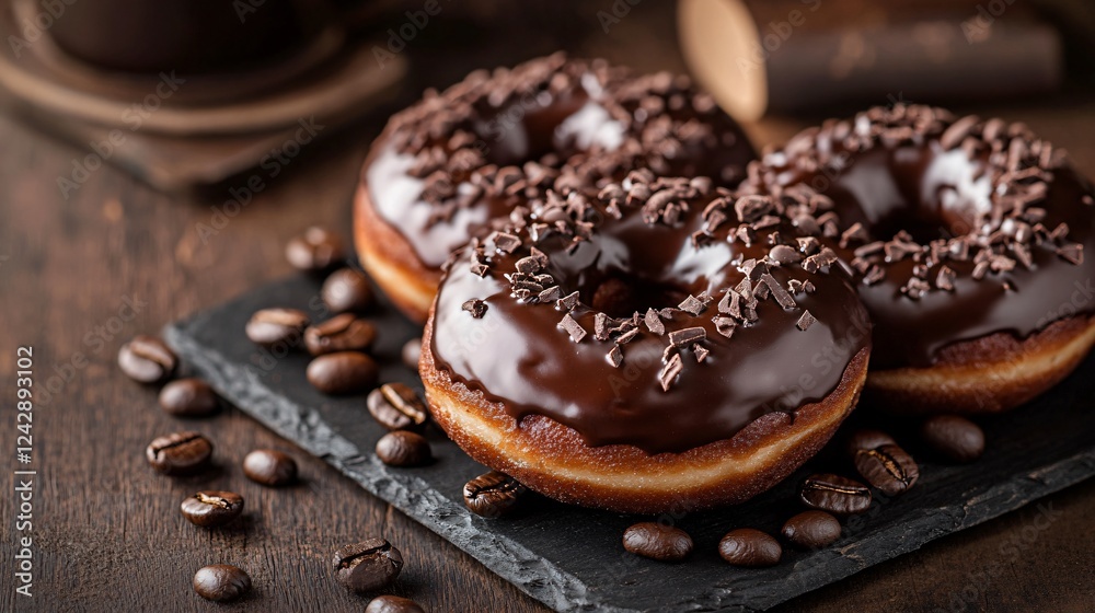A trio of chocolate doughnuts with a thick ganache topping, placed on a dark rustic wooden surface with coffee beans scattered around A trio of chocolate doughnuts with a thick ganache topping, placed on a dark rustic wooden surface with coffee beans scattered around