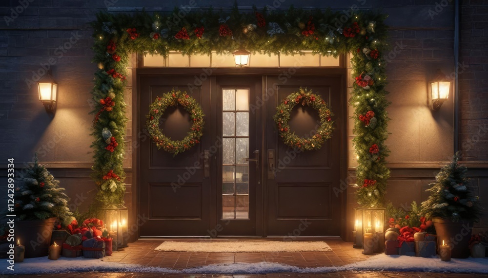 Obraz premium Warmly lit entrance with a festive Christmas wreath and lush greenery surrounding the door, Festive Colors, Christmas Wreath, Lush Greenery