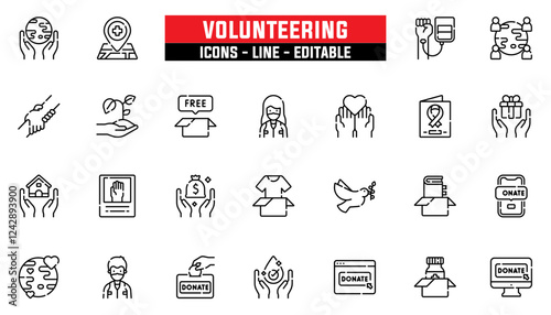 Set of 25 line icons volunteering. Editable stroke. Vector illustration