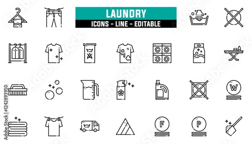 Set of 25 line icons laundry. Editable stroke. Vector illustration