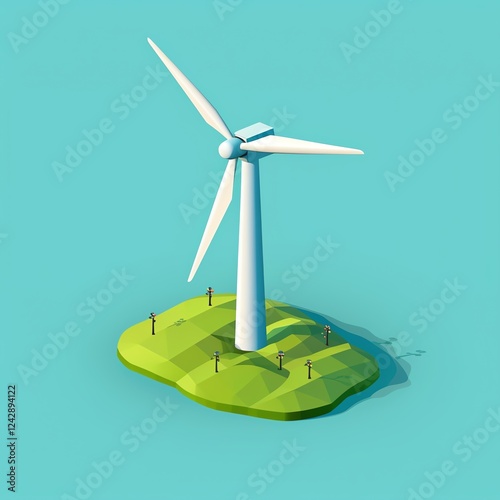 Modern wind turbine on green landscape island.
