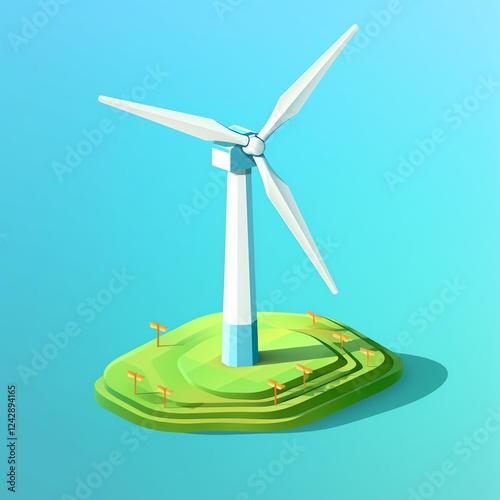 A modern wind turbine on green landscape.