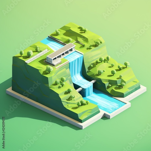 Stylized modern building beside a waterfall.