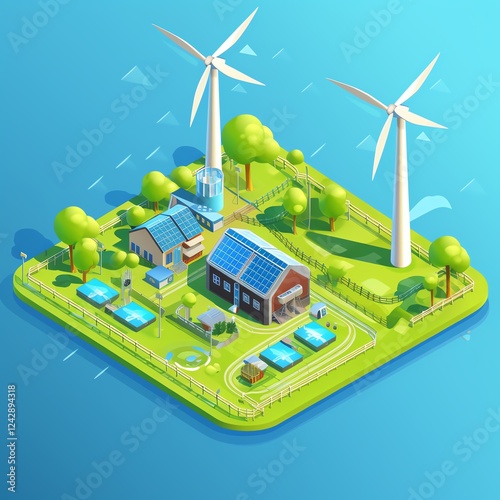 Eco-friendly landscape with renewable energy sources.
