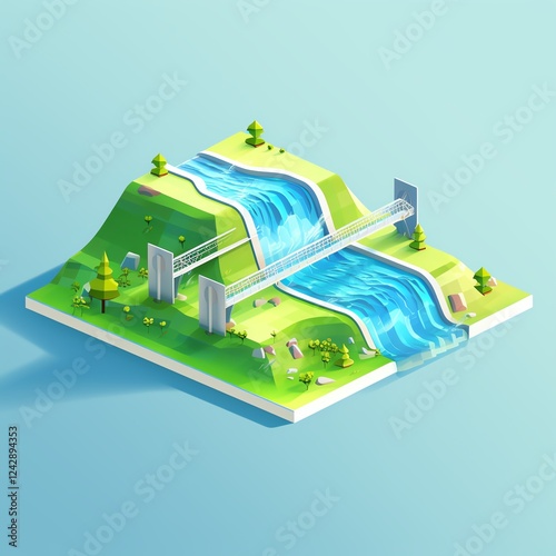 Stylized illustration of flowing rivers and hills.