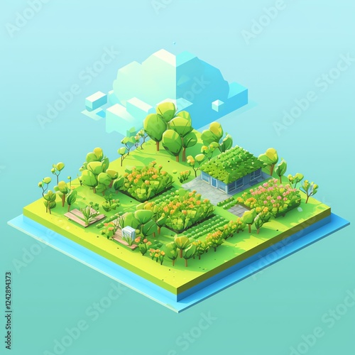 Vibrant garden with lush greenery and fields.