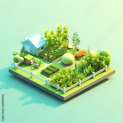 Vibrant garden with greenery and charming house.