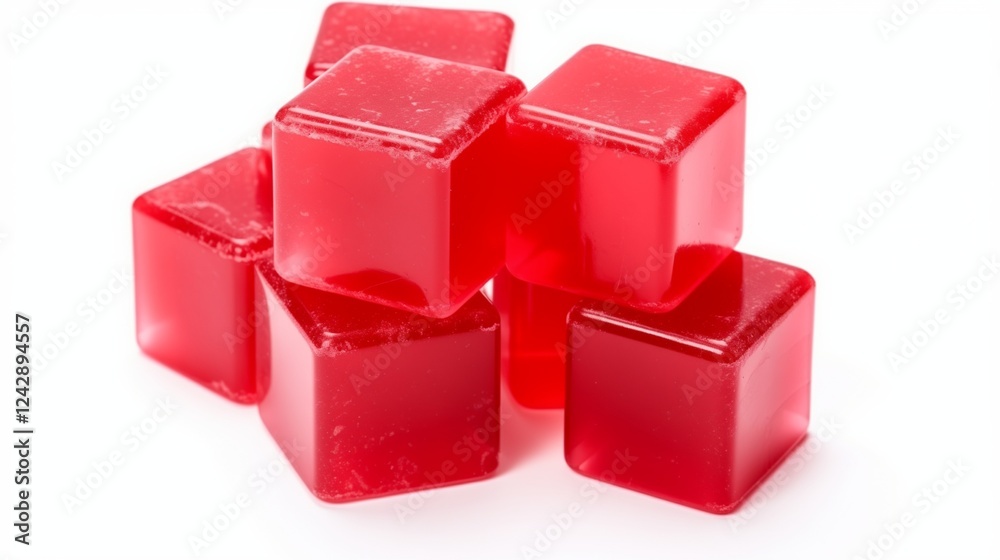 Red gelatin dessert isolated on white background, glossy texture with perfect cube shape, vibrant red color reflecting light