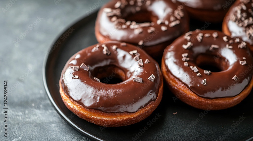 Freshly baked chocolate doughnuts with a rich cocoa glaze, elegantly arranged on a matte black plate with soft lighting Freshly baked chocolate doughnuts with a rich cocoa glaze, elegantly arranged on a matte black plate with soft lighting