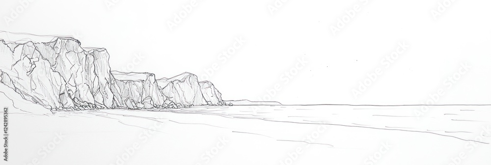 Fototapeta premium Coastal Cliffscape Line Drawing Seascape Sketch