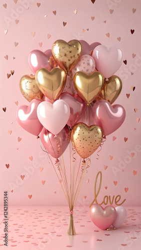 Valentine's Day: Pink and Gold Heart Balloons and Gift