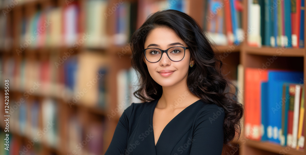 Young smiling librarian posing in a library with bookshelves in the background Young smiling librarian posing in a library with bookshelves in the background