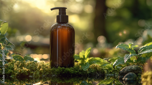 brown cosmetic bottle with pump stands on moss in lush forest setting, surrounded by green plants and soft sunlight filtering through trees, creating serene atmosphere photo