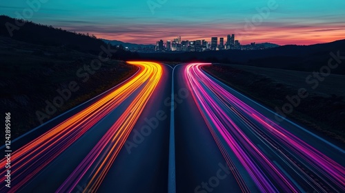 A vibrant highway scene at dusk, featuring colorful light trails from moving vehicles against a skyline backdrop.