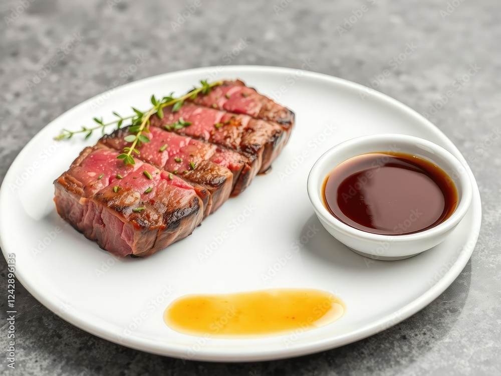 Wagyu beef steak on a white plate, garnished with fresh herbs and served with a side of pan sauce, savory flavors, upscale dining experience Wagyu beef steak on a white plate, garnished with fresh herbs and served with a side of pan sauce, savory flavors, upscale dining experience