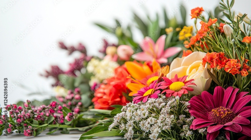 A stunning display of diverse flowers with vivid hues intermingling. The arrangement features blooms like daisies and roses, creating a lively, joyful atmosphere perfect for celebrations A stunning display of diverse flowers with vivid hues intermingling. The arrangement features blooms like daisies and roses, creating a lively, joyful atmosphere perfect for celebrations