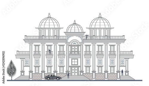 Facade of 3 storeys symmetrical modern classic building with 2 doors, 12 windows, 10 columns, 3 domes, balustrade, frames, decoration, stairs, crowns, canopy  and its elements design.