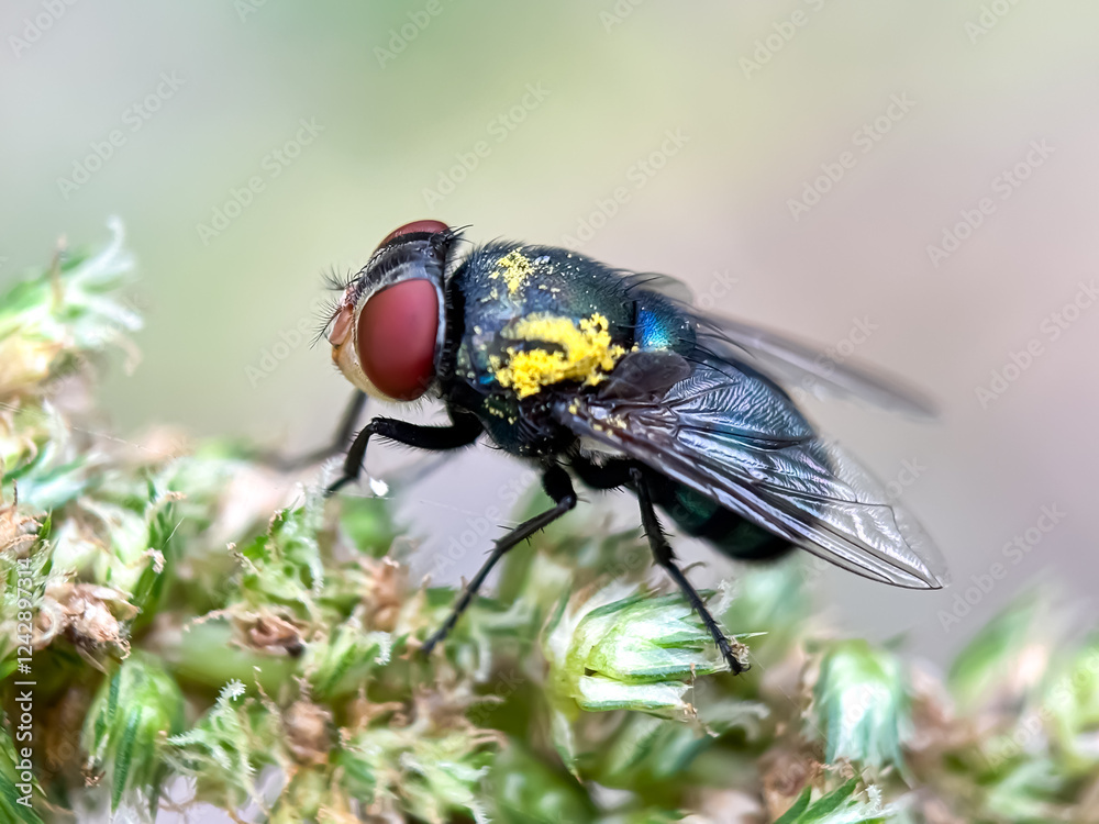 Oriental blue fly (Chrysomya megacephala), macro shot of oriental blue fly in green leaves Oriental blue fly (Chrysomya megacephala), macro shot of oriental blue fly in green leaves