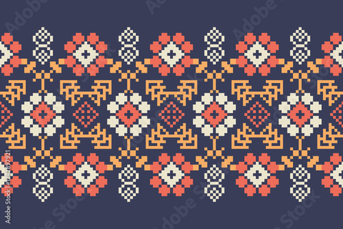 Cross Stitch pattern with Floral Designs. Traditional cross stitch needlework. Geometric Ethnic pattern, Embroidery, Textile ornamentation, fabric, Hand stitched pattern, Cultural stitching pixel art.