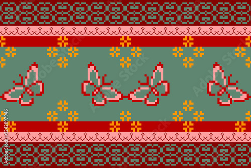 Cross Stitch pattern with Floral Designs. Traditional cross stitch needlework. Geometric Ethnic pattern, Embroidery, Textile ornamentation, fabric, Hand stitched pattern, Cultural stitching pixel art.