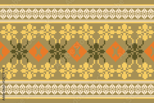 Cross Stitch pattern with Floral Designs. Traditional cross stitch needlework. Geometric Ethnic pattern, Embroidery, Textile ornamentation, fabric, Hand stitched pattern, Cultural stitching pixel art.