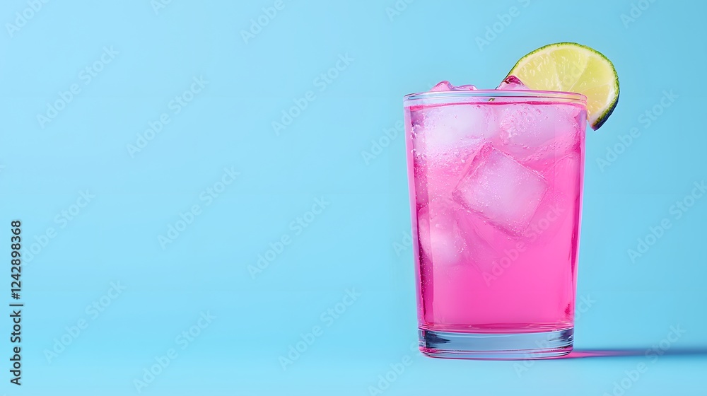 Refreshing Neon Pink Sports Drink with Ice and Lime Slice Against a Bright Blue Background. sports drinks fitness health Concept Refreshing Neon Pink Sports Drink with Ice and Lime Slice Against a Bright Blue Background. sports drinks fitness health Concept