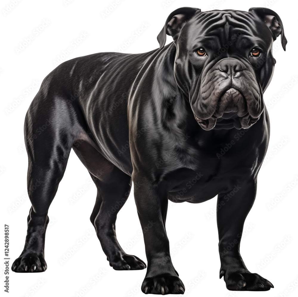 full body of realistic black bulldog isolated on transparent background. Generative ai