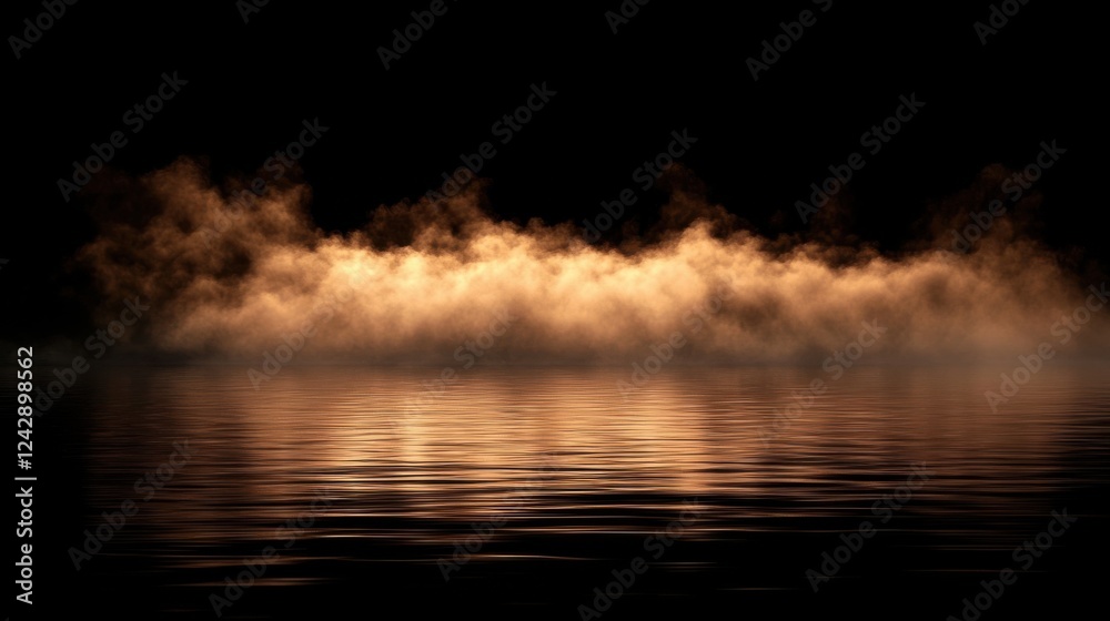 Fototapeta premium A serene scene featuring a reflective water surface illuminated by soft, golden fog against a dark backdrop, creating a mystical atmosphere.