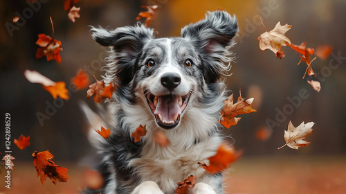 dog a walk in the autumn park among the yellow-red leaves photo