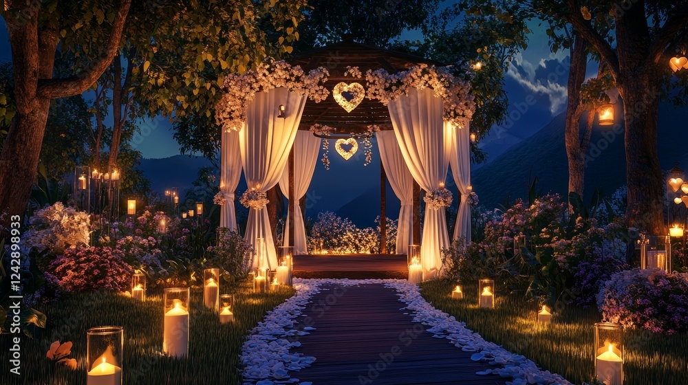 Fototapeta premium Enchanting Candlelit Pathway to Secluded Gazebo with White Curtains and Floral Decor, Romantic Evening Scene. Photorealistic Rendering.