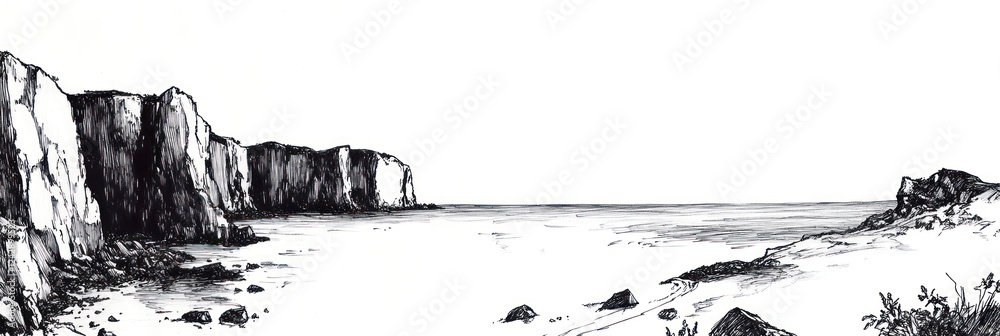 Obraz premium Coastal Cliffscape Ink Drawing Seascape Scene