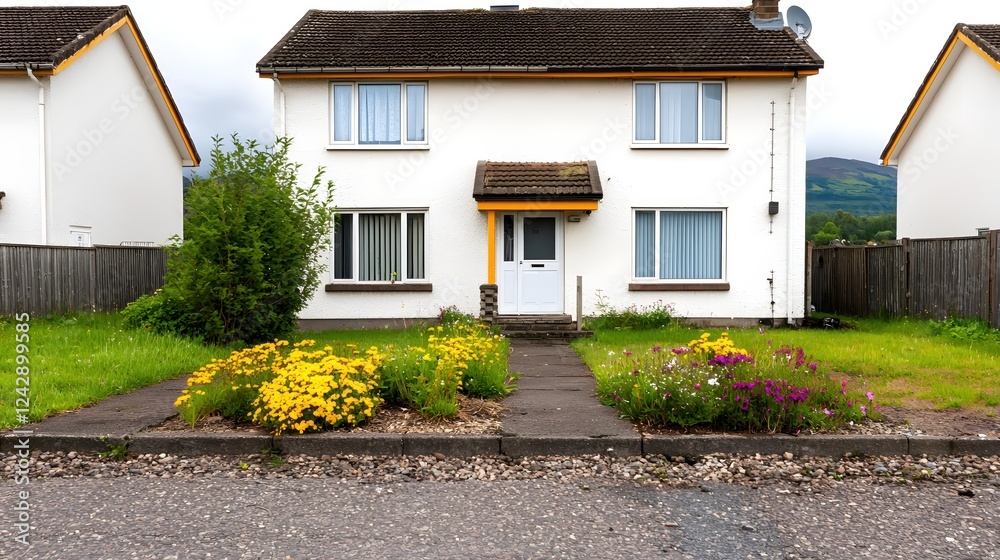 Obraz premium Charming White House with Yellow Accents and Colorful Garden