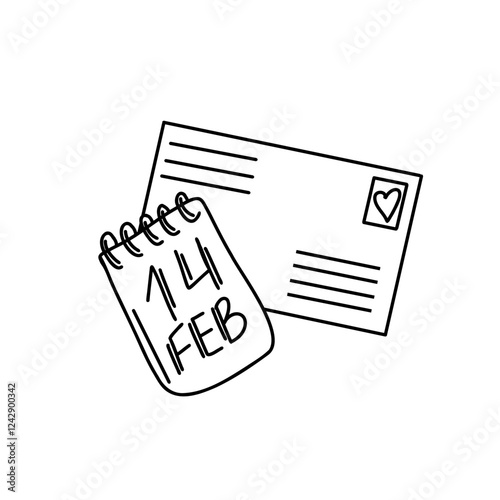 Outline hand drawn vector illustration of a love letter, calendar marking 14 FEB for Valentines Day. A simple, clean design ideal for greeting cards or digital prints