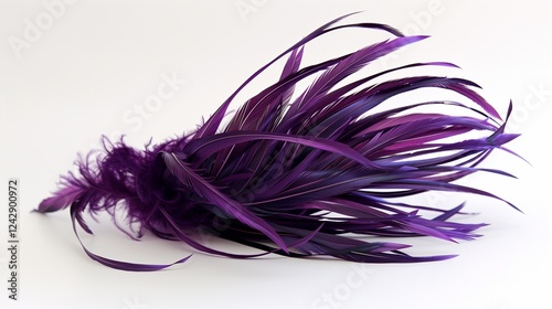 A deep purple feather with soft, flowing barbs, isolated on a white surface.