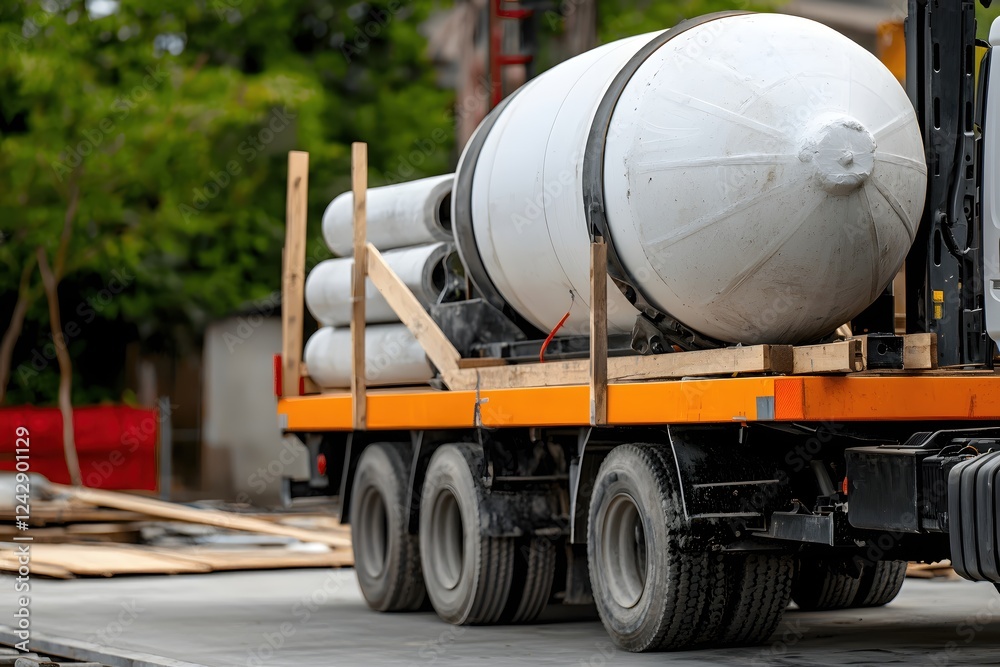 Large White Tank and Pipes on Flatbed Truck Construction Site Delivery Large White Tank and Pipes on Flatbed Truck Construction Site Delivery