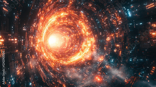 High-tech city showcases energy vortex around quantum supermaterial, merging quantum mechanics with advanced material science in a cinematic perspective photo