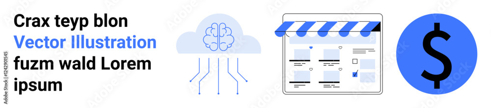 Cloud technology transfers data to a storefront webpage while a dollar sign represents financial growth. Ideal for tech integration, online business, AI, e-commerce, financial planning, digital Cloud technology transfers data to a storefront webpage while a dollar sign represents financial growth. Ideal for tech integration, online business, AI, e-commerce, financial planning, digital