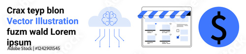 Cloud technology transfers data to a storefront webpage while a dollar sign represents financial growth. Ideal for tech integration, online business, AI, e-commerce, financial planning, digital