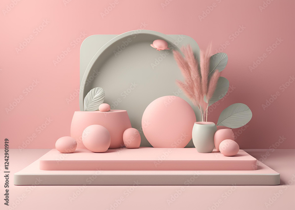 Fototapeta premium Pastel Pink and Grey Abstract 3D Render Product Display Background with Geometric Shapes and Pampas