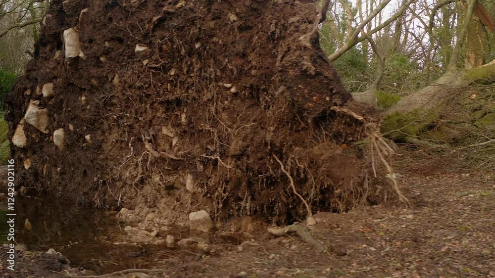 Detailed closeup of uprooted old weathered tree with water puddle filling in mud, storm aftermath Detailed closeup of uprooted old weathered tree with water puddle filling in mud, storm aftermath