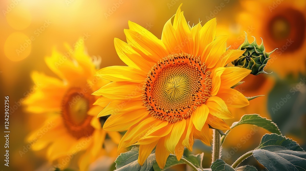 Obraz premium Golden sunflowers bask in warm sunlight.
